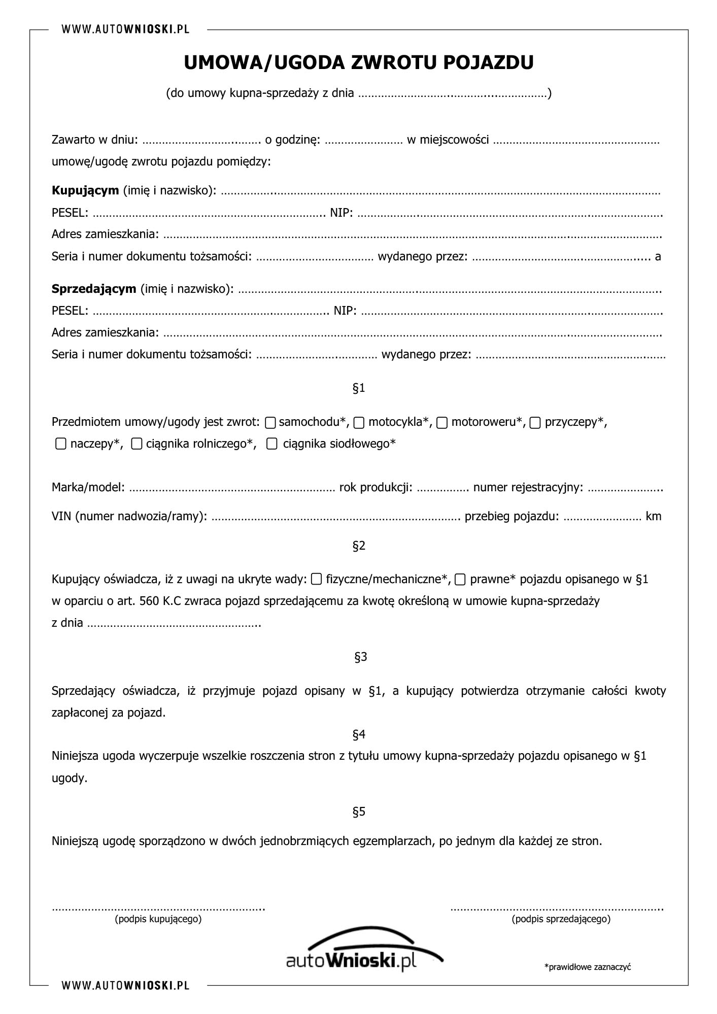 Pobierz Wzór Druk Formularz Umowaugoda Zwrotu Pojazdu