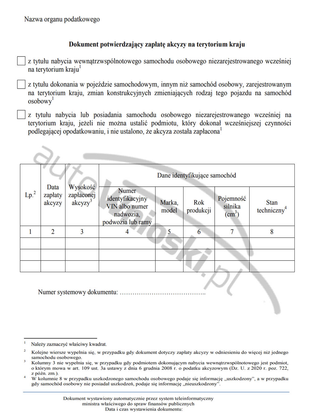 Jak wygląda wzór potwierdzenia zapłaty akcyzy od samochodu osobowego lub pojazdu samochodowego