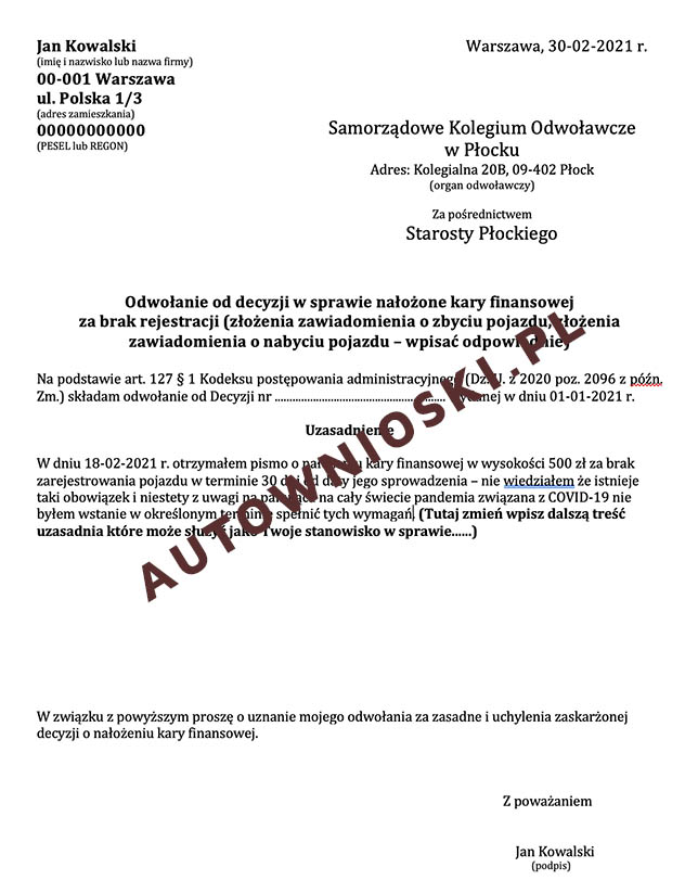 Jak napisać odwołanie od kary za brak zgłoszenia zbycia lub nabycia pojazdu lub rejestracji pojazdu w określonym terminie wzór