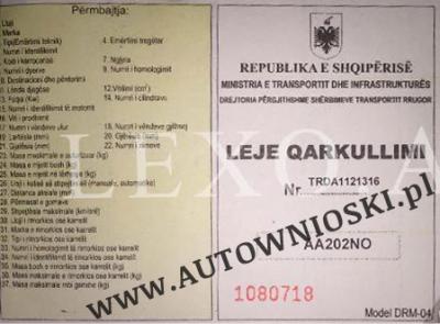 Dowód rejestracyjny - Leje qarkullimi (Certificate of registration, Certificat d'immatriculation, Carta di circola)
