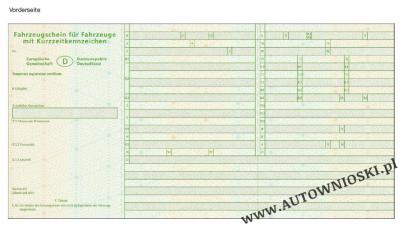 Fahrzeugschein für Fahrzeug mit Kurzzeitkennzeichen - wywozowy dowód rejestracyjny