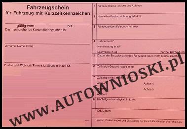 Fahrzeugschein für Fahrzeug mit Kurzzeitkennzeichen - wywozowy dowód rejestracyjny
