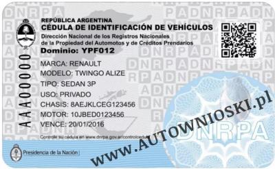 Cedula de identificacion de vehiculos - dowód rejestracyjny - Argentyna