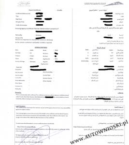 Export certificate - dowód rejestracyjny eksportowy - Zjednoczone Emiraty Arabskie (ZEA)