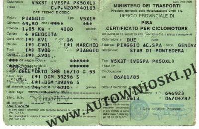 Certyfikat rejestracji motoroweru (stary) - Włochy
