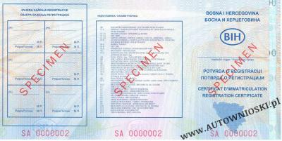 Certificat de propriete de vehicule - dowód rejestracyjny - Bośnia i Hercegowina