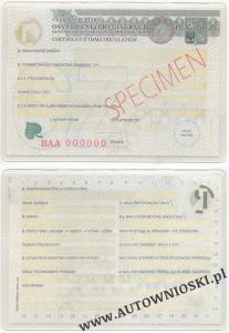 Dowód rejestracyjny - Część 1 - (Certificate of registration, Certificat d'immatriculation, Carta di circola)