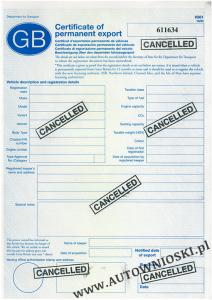 Czasowy wywozowy dowód rejestracyjny - Certificate of permanent export (v561)