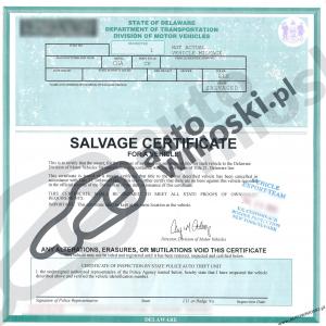 Certyfikat własności pojazdu uszkodzonego - Stan Delaware (Salvage Certificate - State of Delaware)