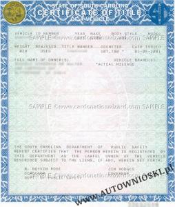 Certyfikat własności - Stan Kalifornia Południowa (Certificate of Title - State of South California)