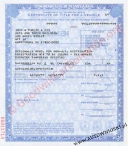 Certyfikat własności - Stan Pensylwania (Certificate of Title - State of Pennsylvania)