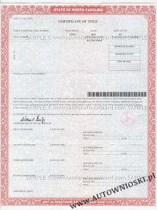 Certyfikat własności - Stan Karolina Północna (Certificate of Title - State of North Carolina)