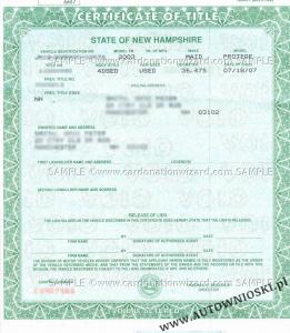 Certyfikat własności - Stan New Hampshire (Certificate of Title - State of New Hampshire)