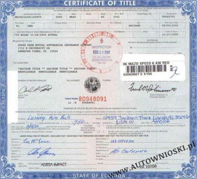 Certyfikat własności (Certyfikat of Title) - Stan Floryda (State of Florida)