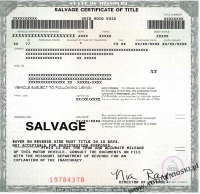 Certyfikat własności pojazdu uszkodzonego - Stan Missouri (Certificate of Salvage - State of Missouri)