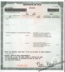 Certyfikat własności - Stan Missouri (Certificate of Title - State of Missouri)