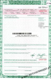 Certyfikat własności pojazdu uszkodzonego - Stan Maryland (Certificate of Salvage - State of Maryland)
