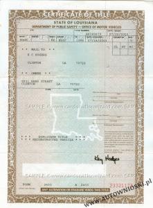 Certyfikat własności - Stan Luizjana (Certificate of Title - State of Louisiana)