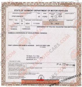 Certyfikat własności (Certyfikat of Title) - Stan Vermont (State of Vermont)