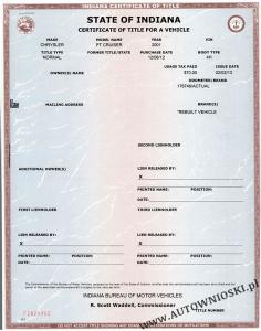 Certyfikat własności - Stan Indiana (Certificate of Title - State of Indiana)