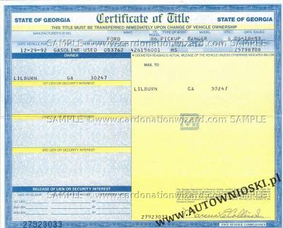 Certyfikat własności - Stan Georgia (Certificate of Title - State of Georgia)