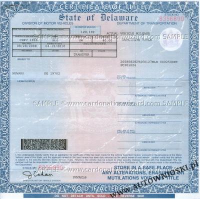 Certyfikat własności - Stan Delaware (Certificate of Title - State of Delaware)