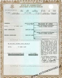 Certyfikat własności - Stan Connecticut (Certificate of Title - State of Connecticut)