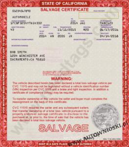 Certyfikat własności pojazdu uszkodzonego - Stan Kalifornia (Certificate of Salvage - State of California)