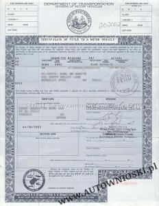 Certyfikat własności - Stan Wirginia Zachodnia (Certificate of Title - State of West Virginia)