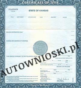 Certyfikat własności - Stan Kansas (Certificate of Title - State of Kansas)